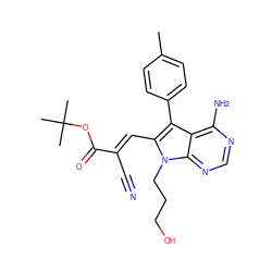 Cc1ccc(-c2c(/C=C(\C#N)C(=O)OC(C)(C)C)n(CCCO)c3ncnc(N)c23)cc1 ZINC000117472298