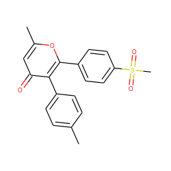 Cc1ccc(-c2c(-c3ccc(S(C)(=O)=O)cc3)oc(C)cc2=O)cc1 ZINC000013581187