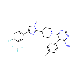 Cc1ccc(-c2c(N)ncnc2N2CCC(c3nc(-c4ccc(F)c(C(F)(F)F)c4)cn3C)CC2)cc1 ZINC000219100727