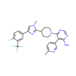 Cc1ccc(-c2c(N)ncnc2N2CCC(c3nc(-c4ccc(F)c(C(F)(F)F)c4)cn3C)CC2)cn1 ZINC000219091625