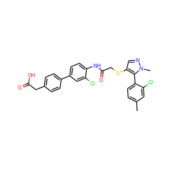 Cc1ccc(-c2c(SCC(=O)Nc3ccc(-c4ccc(CC(=O)O)cc4)cc3Cl)cnn2C)c(Cl)c1 ZINC000044430324