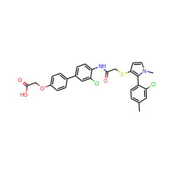 Cc1ccc(-c2c(SCC(=O)Nc3ccc(-c4ccc(OCC(=O)O)cc4)cc3Cl)ccn2C)c(Cl)c1 ZINC000044430514