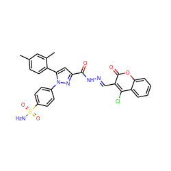 Cc1ccc(-c2cc(C(=O)N/N=C/c3c(Cl)c4ccccc4oc3=O)nn2-c2ccc(S(N)(=O)=O)cc2)c(C)c1 ZINC000653895786