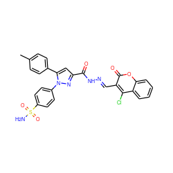 Cc1ccc(-c2cc(C(=O)N/N=C/c3c(Cl)c4ccccc4oc3=O)nn2-c2ccc(S(N)(=O)=O)cc2)cc1 ZINC000653863997