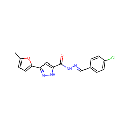 Cc1ccc(-c2cc(C(=O)N/N=C/c3ccc(Cl)cc3)[nH]n2)o1 ZINC000008558573