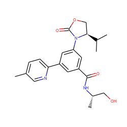 Cc1ccc(-c2cc(C(=O)N[C@@H](C)CO)cc(N3C(=O)OC[C@H]3C(C)C)c2)nc1 ZINC000113541878