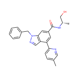 Cc1ccc(-c2cc(C(=O)N[C@@H](C)CO)cc3c2cnn3Cc2ccccc2)nc1 ZINC000142234680