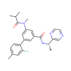 Cc1ccc(-c2cc(C(=O)N[C@@H](C)c3cnccn3)cc(N(C)C(=O)C(C)C)c2)c(F)c1 ZINC000142656262