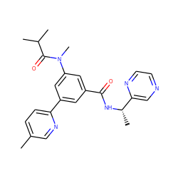 Cc1ccc(-c2cc(C(=O)N[C@@H](C)c3cnccn3)cc(N(C)C(=O)C(C)C)c2)nc1 ZINC000143506496