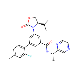 Cc1ccc(-c2cc(C(=O)N[C@@H](C)c3cnccn3)cc(N3C(=O)OC[C@H]3C(C)C)c2)c(F)c1 ZINC000113542658