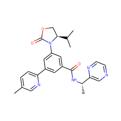 Cc1ccc(-c2cc(C(=O)N[C@@H](C)c3cnccn3)cc(N3C(=O)OC[C@H]3C(C)C)c2)nc1 ZINC000113545761