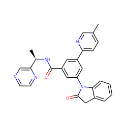 Cc1ccc(-c2cc(C(=O)N[C@H](C)c3cnccn3)cc(N3C(=O)Cc4ccccc43)c2)nc1 ZINC000113543175