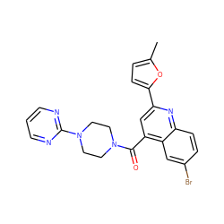 Cc1ccc(-c2cc(C(=O)N3CCN(c4ncccn4)CC3)c3cc(Br)ccc3n2)o1 ZINC000002867623