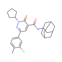 Cc1ccc(-c2cc(C(=O)NC34CC5CC(CC(C5)C3)C4)c(=O)n(C3CCCC3)n2)cc1Cl ZINC001772613343