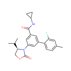 Cc1ccc(-c2cc(C(=O)NC3CC3)cc(N3C(=O)OC[C@H]3C(C)C)c2)c(F)c1 ZINC000113542522