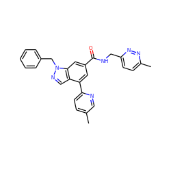 Cc1ccc(-c2cc(C(=O)NCc3ccc(C)nn3)cc3c2cnn3Cc2ccccc2)nc1 ZINC000142235573