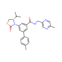 Cc1ccc(-c2cc(C(=O)NCc3cnc(C)cn3)cc(N3C(=O)OC[C@@H]3C(C)C)c2)cc1 ZINC000113542146