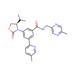 Cc1ccc(-c2cc(C(=O)NCc3cnc(C)cn3)cc(N3C(=O)OC[C@H]3C(C)C)c2)nc1 ZINC000113542557