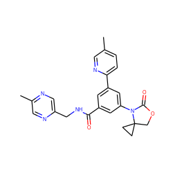 Cc1ccc(-c2cc(C(=O)NCc3cnc(C)cn3)cc(N3C(=O)OCC34CC4)c2)nc1 ZINC000113541861