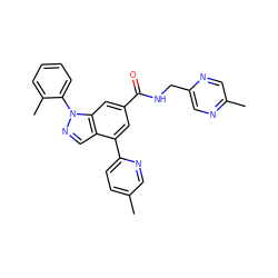 Cc1ccc(-c2cc(C(=O)NCc3cnc(C)cn3)cc3c2cnn3-c2ccccc2C)nc1 ZINC000141775575