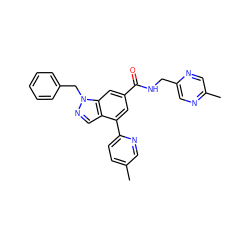 Cc1ccc(-c2cc(C(=O)NCc3cnc(C)cn3)cc3c2cnn3Cc2ccccc2)nc1 ZINC000142233572