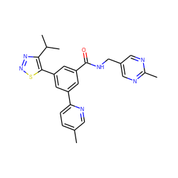 Cc1ccc(-c2cc(C(=O)NCc3cnc(C)nc3)cc(-c3snnc3C(C)C)c2)nc1 ZINC000114291604