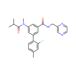 Cc1ccc(-c2cc(C(=O)NCc3cnccn3)cc(N(C)C(=O)C(C)C)c2)c(F)c1 ZINC000142657725