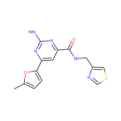 Cc1ccc(-c2cc(C(=O)NCc3cscn3)nc(N)n2)o1 ZINC000045393515