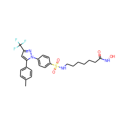 Cc1ccc(-c2cc(C(F)(F)F)nn2-c2ccc(S(=O)(=O)NCCCCCCC(=O)NO)cc2)cc1 ZINC001772653043