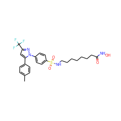 Cc1ccc(-c2cc(C(F)(F)F)nn2-c2ccc(S(=O)(=O)NCCCCCCCC(=O)NO)cc2)cc1 ZINC001772586896