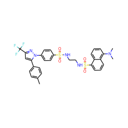 Cc1ccc(-c2cc(C(F)(F)F)nn2-c2ccc(S(=O)(=O)NCCNS(=O)(=O)c3cccc4c(N(C)C)cccc34)cc2)cc1 ZINC000095593578