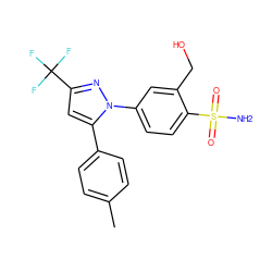 Cc1ccc(-c2cc(C(F)(F)F)nn2-c2ccc(S(N)(=O)=O)c(CO)c2)cc1 ZINC000013588990