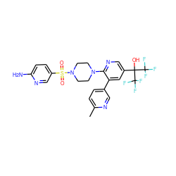 Cc1ccc(-c2cc(C(O)(C(F)(F)F)C(F)(F)F)cnc2N2CCN(S(=O)(=O)c3ccc(N)nc3)CC2)cn1 ZINC000299829137