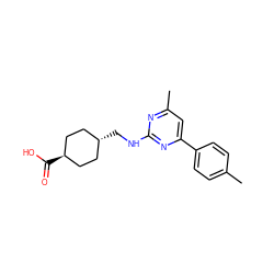 Cc1ccc(-c2cc(C)nc(NC[C@H]3CC[C@H](C(=O)O)CC3)n2)cc1 ZINC000299830230