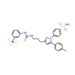 Cc1ccc(-c2cc(CCCNC(=O)Nc3cccc(C(F)(F)F)c3)nn2-c2ccc(S(N)(=O)=O)cc2)cc1 ZINC000071329436