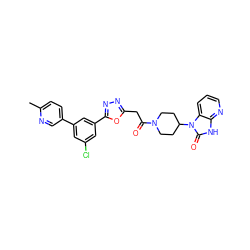 Cc1ccc(-c2cc(Cl)cc(-c3nnc(CC(=O)N4CCC(n5c(=O)[nH]c6ncccc65)CC4)o3)c2)cn1 ZINC000049771812