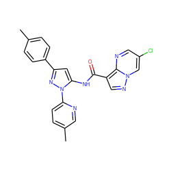 Cc1ccc(-c2cc(NC(=O)c3cnn4cc(Cl)cnc34)n(-c3ccc(C)cn3)n2)cc1 ZINC000143370180