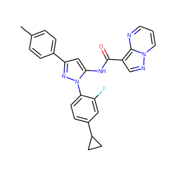 Cc1ccc(-c2cc(NC(=O)c3cnn4cccnc34)n(-c3ccc(C4CC4)cc3F)n2)cc1 ZINC000143363643