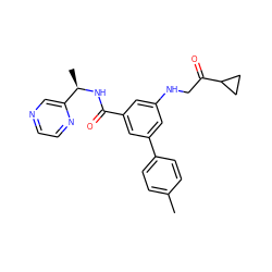 Cc1ccc(-c2cc(NCC(=O)C3CC3)cc(C(=O)N[C@H](C)c3cnccn3)c2)cc1 ZINC000143054968