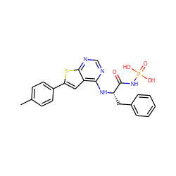 Cc1ccc(-c2cc3c(N[C@@H](Cc4ccccc4)C(=O)NP(=O)(O)O)ncnc3s2)cc1 ZINC001772589301