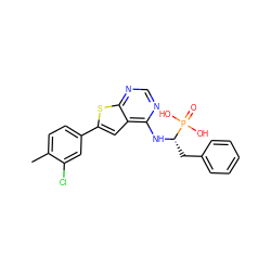 Cc1ccc(-c2cc3c(N[C@@H](Cc4ccccc4)P(=O)(O)O)ncnc3s2)cc1Cl ZINC000222959588