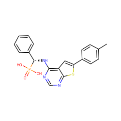 Cc1ccc(-c2cc3c(N[C@@H](c4ccccc4)P(=O)(O)O)ncnc3s2)cc1 ZINC000209321849