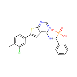 Cc1ccc(-c2cc3c(N[C@@H](c4ccccc4)P(=O)(O)O)ncnc3s2)cc1Cl ZINC000169327931