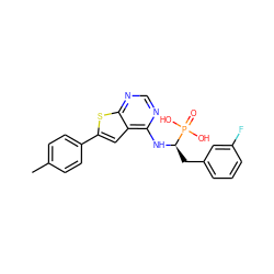 Cc1ccc(-c2cc3c(N[C@H](Cc4cccc(F)c4)P(=O)(O)O)ncnc3s2)cc1 ZINC001772622446