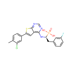 Cc1ccc(-c2cc3c(N[C@H](Cc4cccc(F)c4)P(=O)(O)O)ncnc3s2)cc1Cl ZINC001772625615