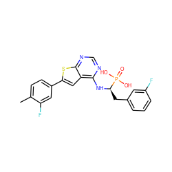 Cc1ccc(-c2cc3c(N[C@H](Cc4cccc(F)c4)P(=O)(O)O)ncnc3s2)cc1F ZINC001772583958