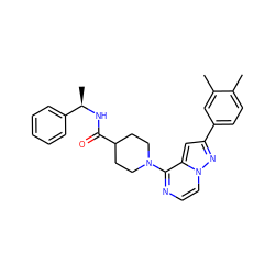 Cc1ccc(-c2cc3c(N4CCC(C(=O)N[C@H](C)c5ccccc5)CC4)nccn3n2)cc1C ZINC000033266537