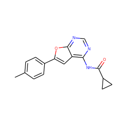 Cc1ccc(-c2cc3c(NC(=O)C4CC4)ncnc3o2)cc1 ZINC000014946142