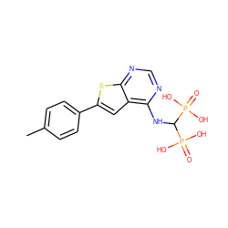 Cc1ccc(-c2cc3c(NC(P(=O)(O)O)P(=O)(O)O)ncnc3s2)cc1 ZINC000095602470