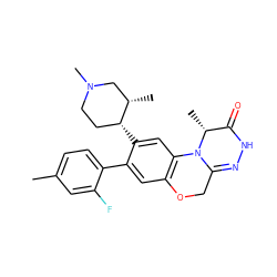 Cc1ccc(-c2cc3c(cc2[C@@H]2CCN(C)C[C@@H]2C)N2C(=NNC(=O)[C@H]2C)CO3)c(F)c1 ZINC000217486962